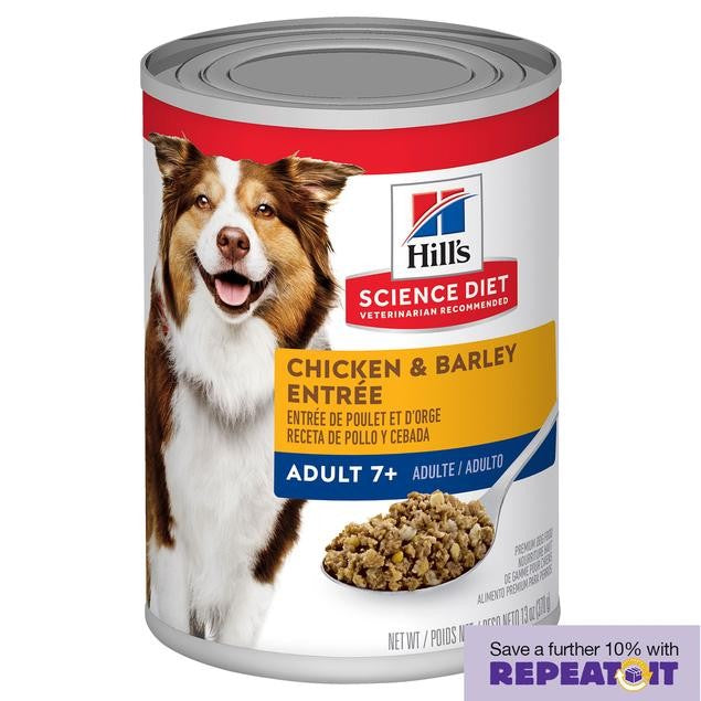 HILLS SCIENCE DIET CAN DOG FOOD ADULT 7+ CHICKEN & BARLEY ENTREE 370G