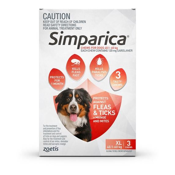 SIMPARICA FLEA, TICK AND MITE CHEWS FOR DOGS 40.1-60kg